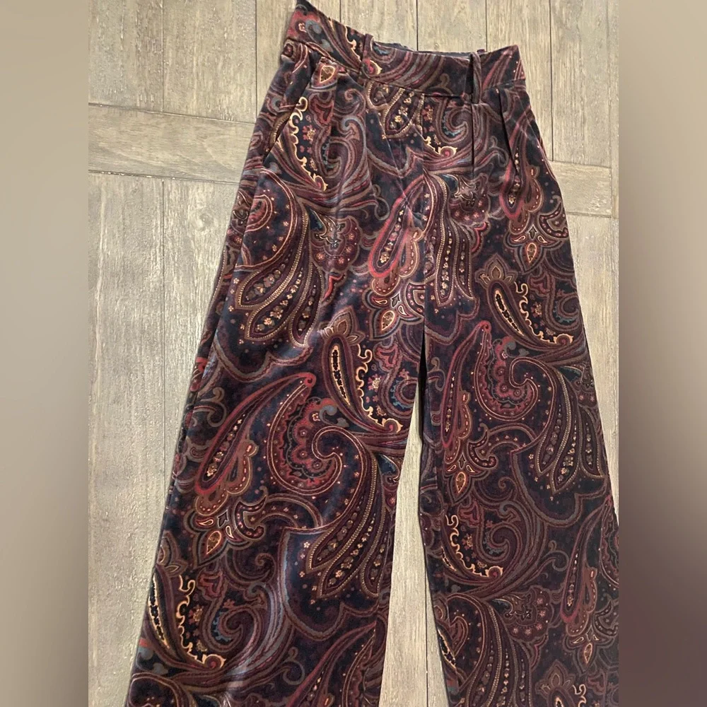 Banana Republic Paisley Velvet Wide‑Leg Pants Size 2 Quiet Luxury Old Money - Picture 7 of 13